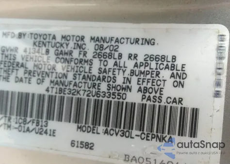 2002 Toyota Camry Le из США, поврежденный, VIN 4T1BE32K72U633550